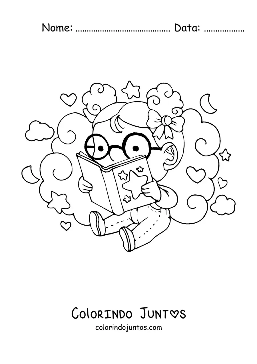 Desenho para colorir de uma menina de oculos sentada lendo