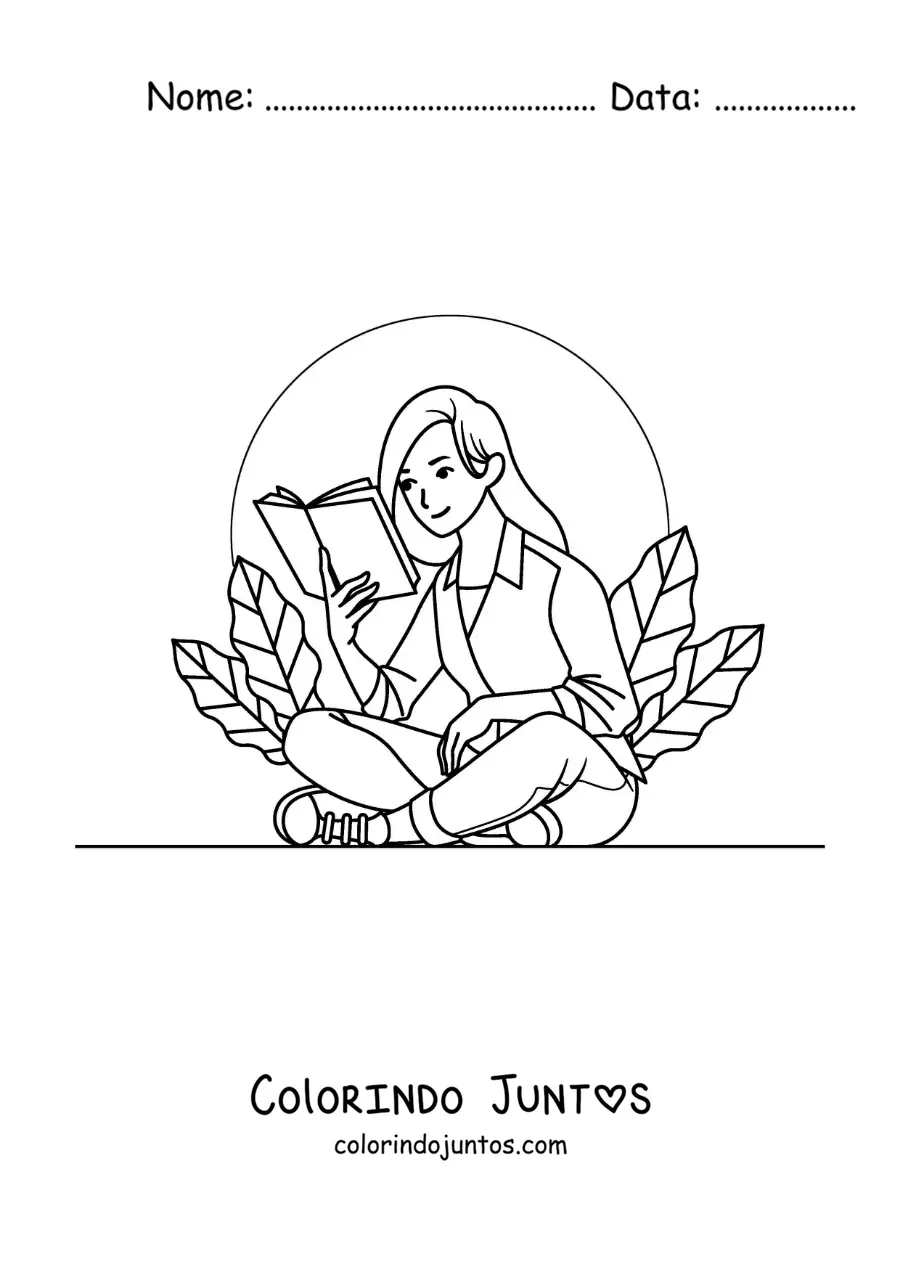 Desenho para colorir de uma menina sentada lendo rodeada de plantas