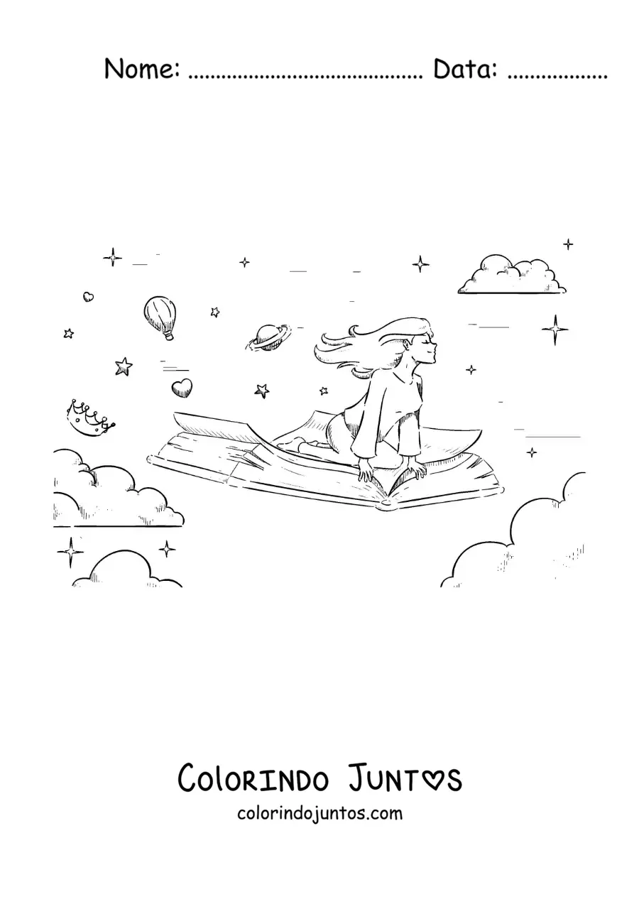Desenho para colorir de uma menina voando sentada sobre um livro aberto