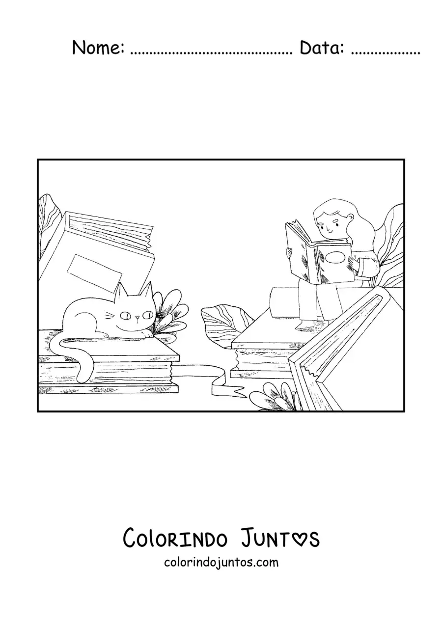 Desenho para colorir de uma menina sentada sobre livros lendo ao lado do seu gato animado