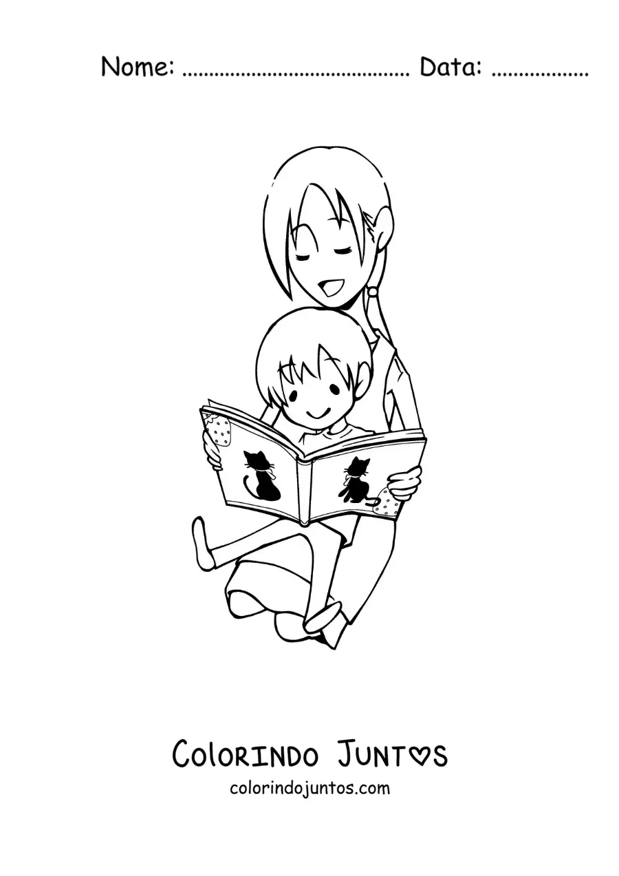 Desenho para colorir de uma mae lendo com o filho sentado no colo