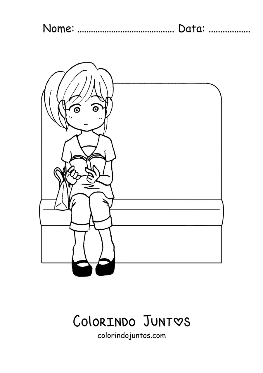 Desenho para colorir de uma menina sentada lendo no trem