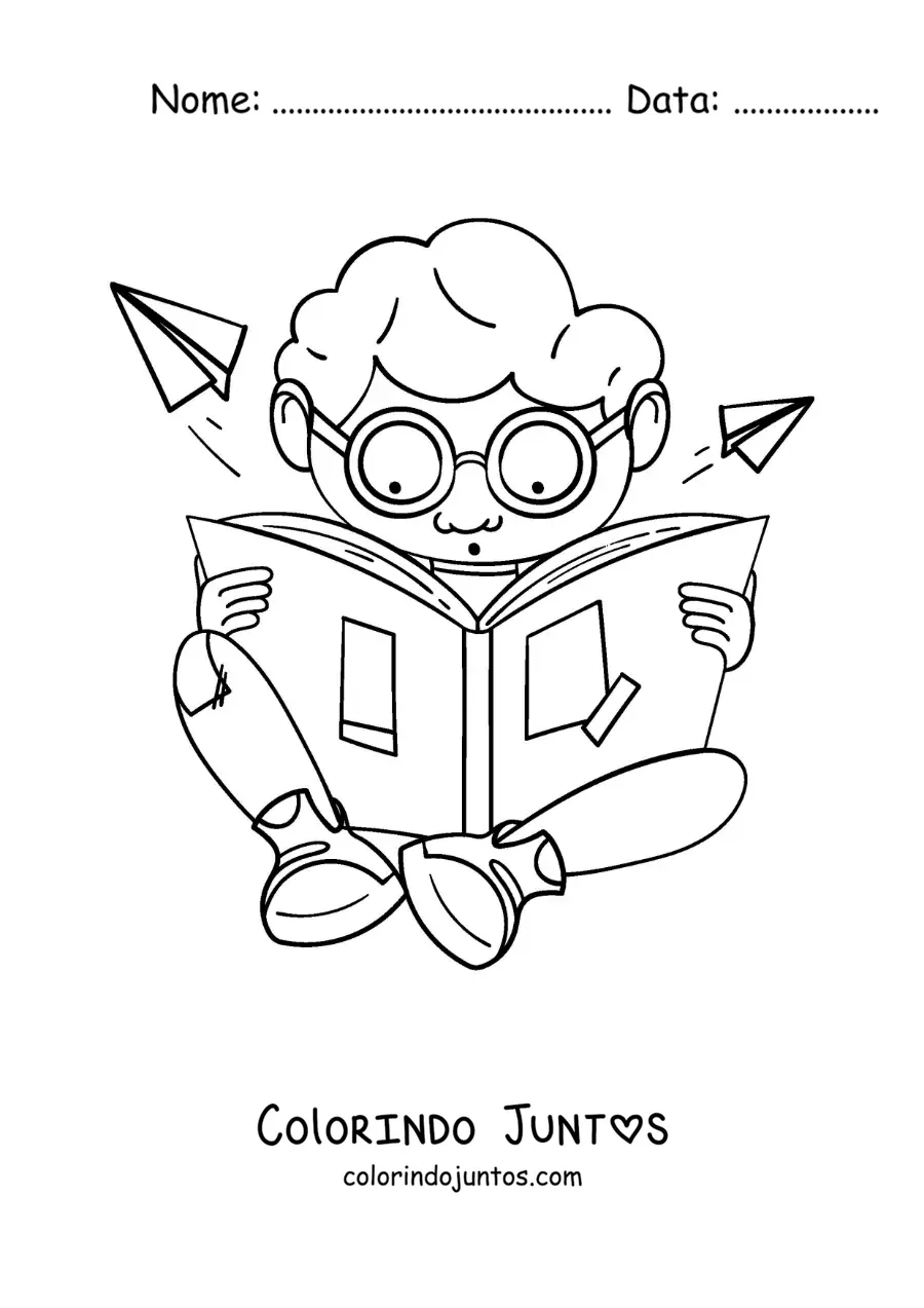 Desenho para colorir de um menino de oculos sentado lendo maravilhado
