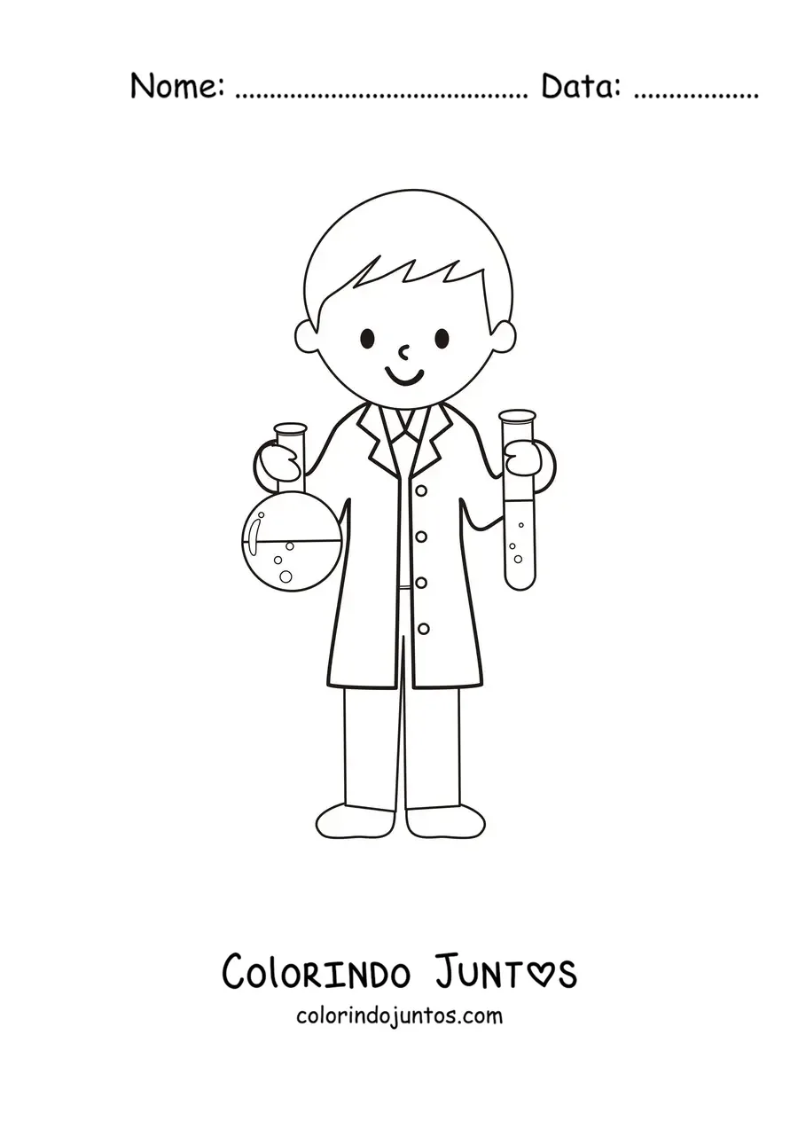 Desenho para colorir de um cientista animado com um tubo de ensaio e um frasco