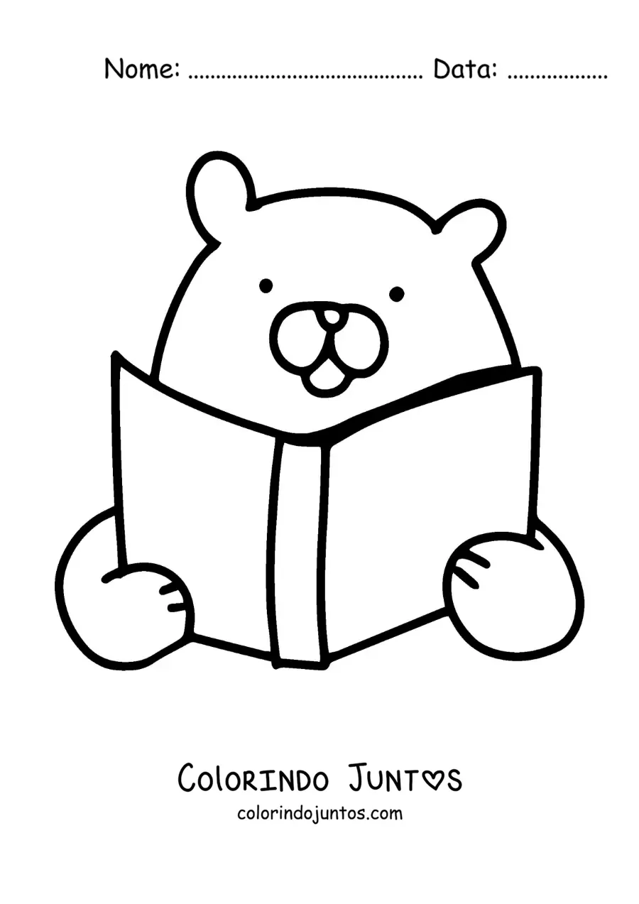 Desenho para colorir de um urso animado kawaii lendo