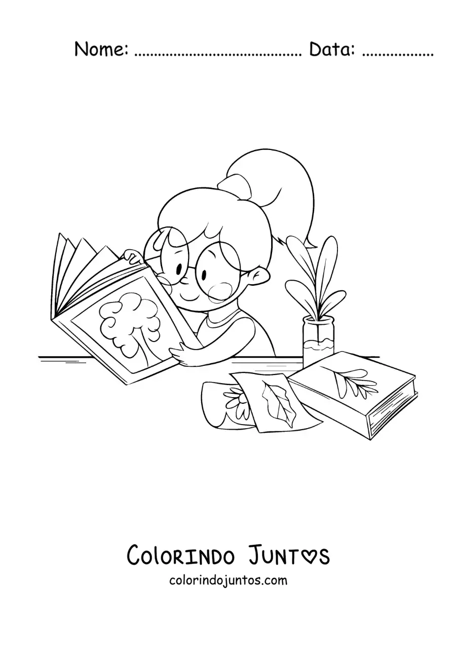 Desenho para colorir de uma menina lendo sobre botanica em uma escrivaninha