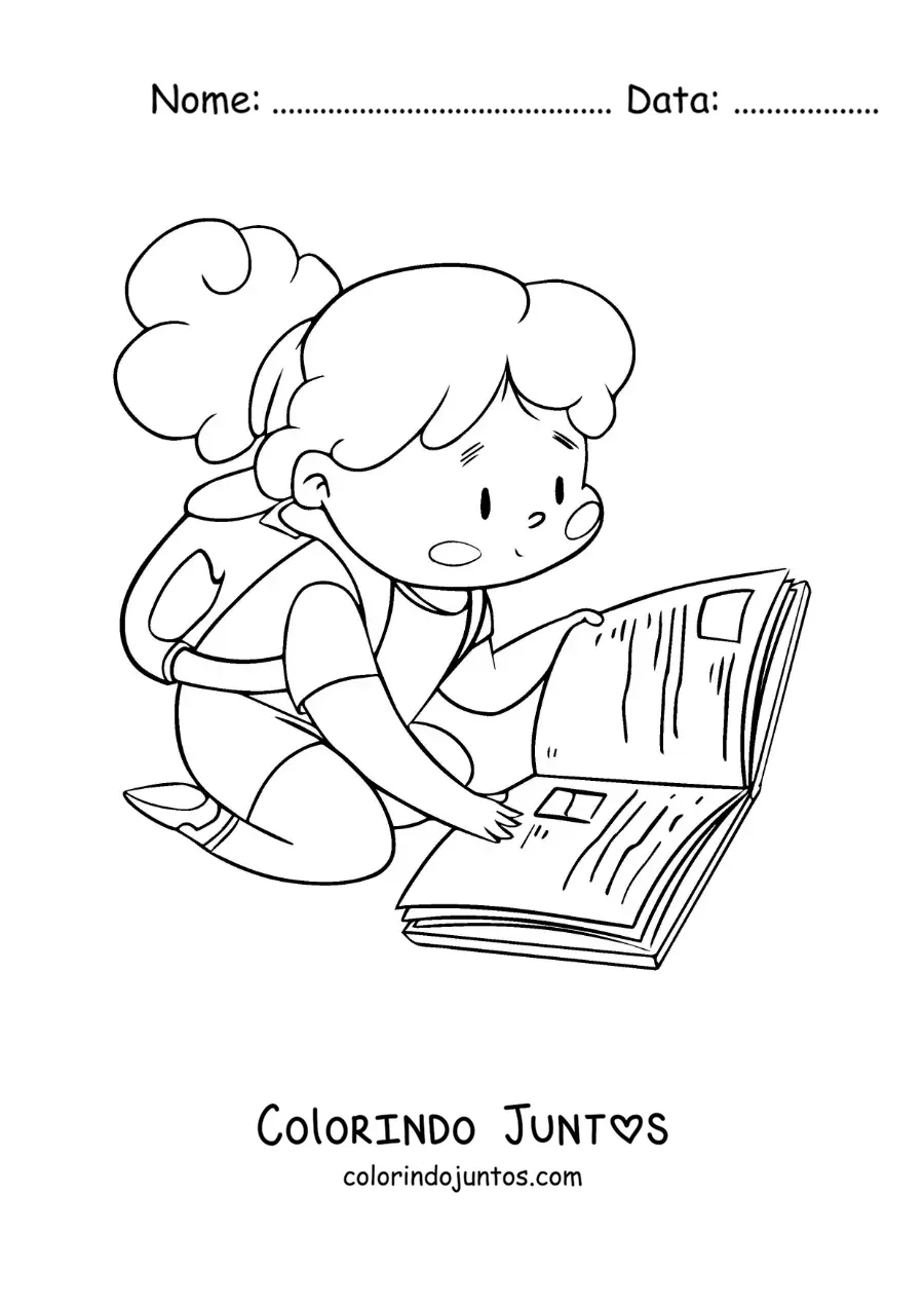 Desenho para colorir de uma menina com uma mochila lendo sentada no chao