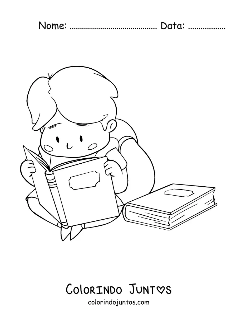 Desenho para colorir de um menino com uma mochila lendo sentado no chao