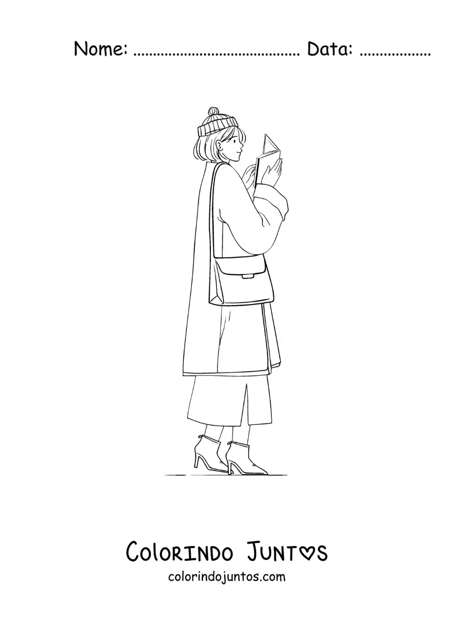 Desenho para colorir de uma mulher de casaco lendo enquanto caminha