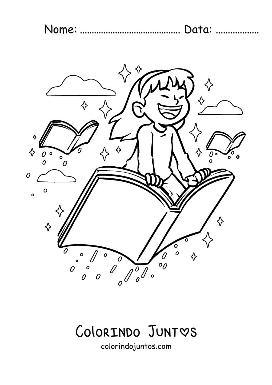 Desenho para colorir de uma menina feliz voando sobre um livro aberto