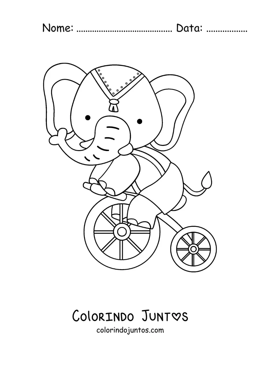 Desenho para colorir de um elefante de circo em um monociclo