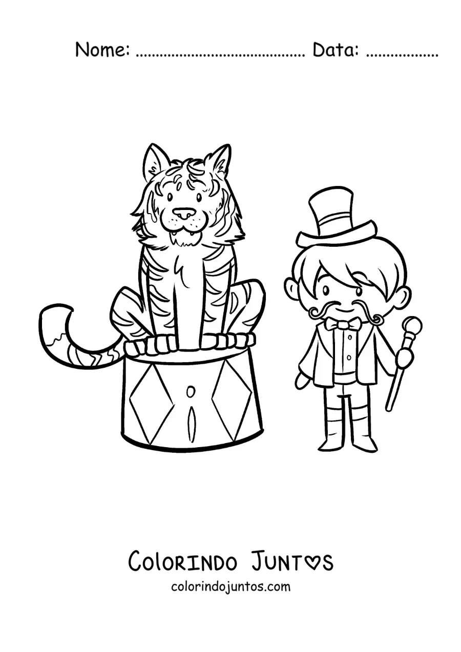 Desenho para colorir de um domador de circo ao lado de um tigre animado
