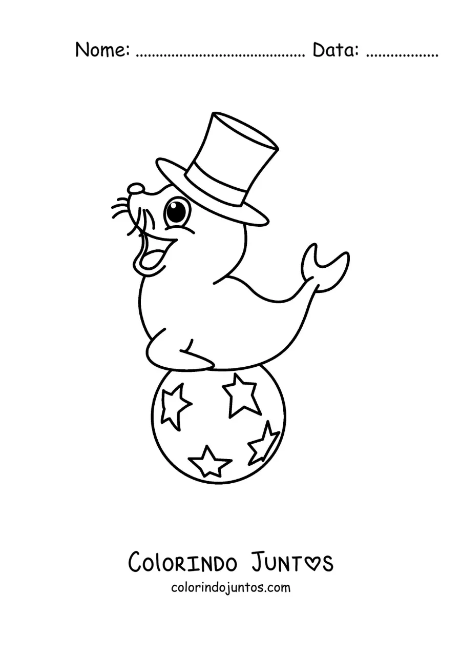 Desenho para colorir de uma foca de circo animada sobre uma bola