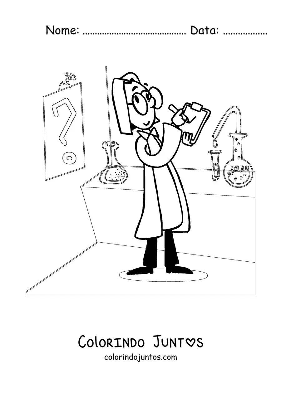 Desenho para colorir de um cientista louco em um laboratório