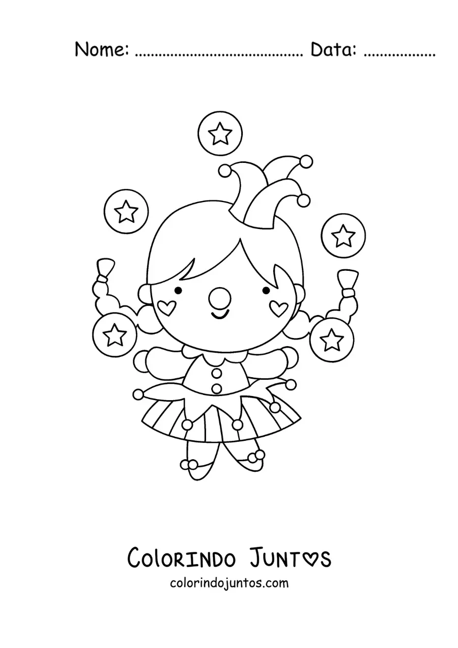 Desenho para colorir de uma mulher palhaca fazendo malabarismos
