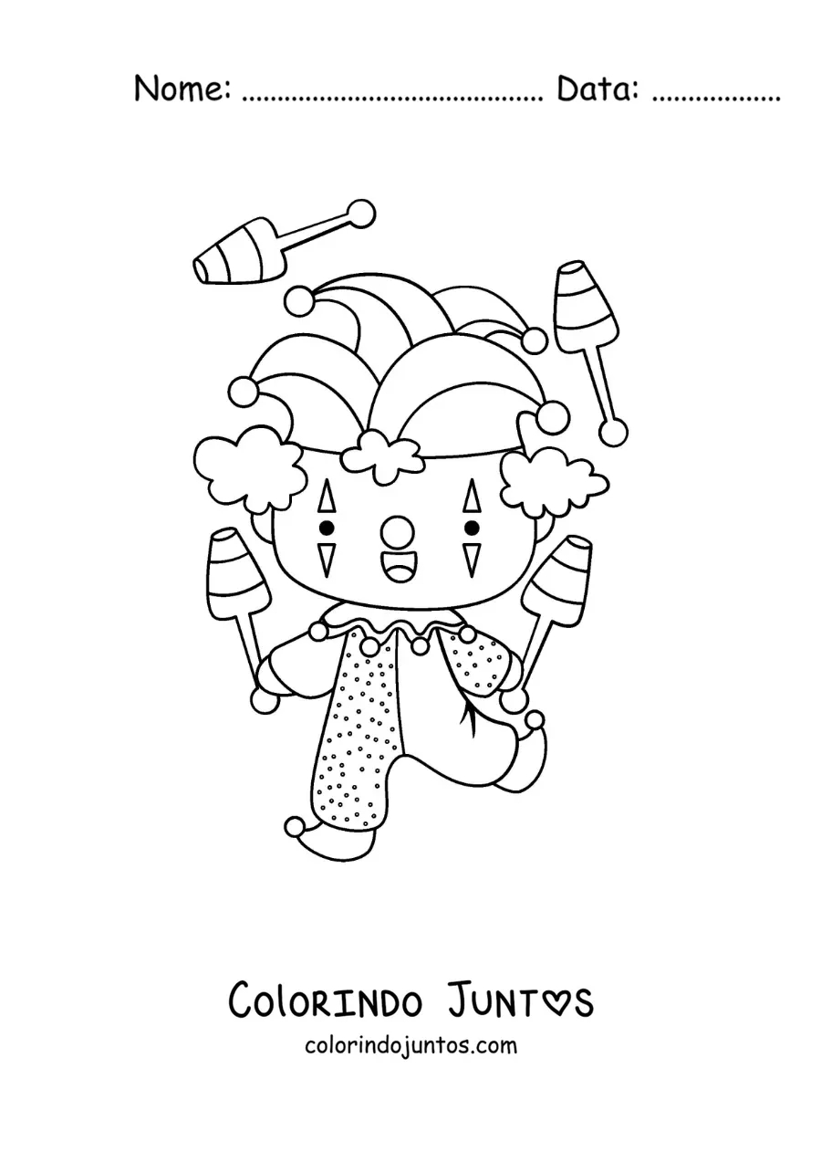 Desenho para colorir de um palhaco animado fazendo malabarismos