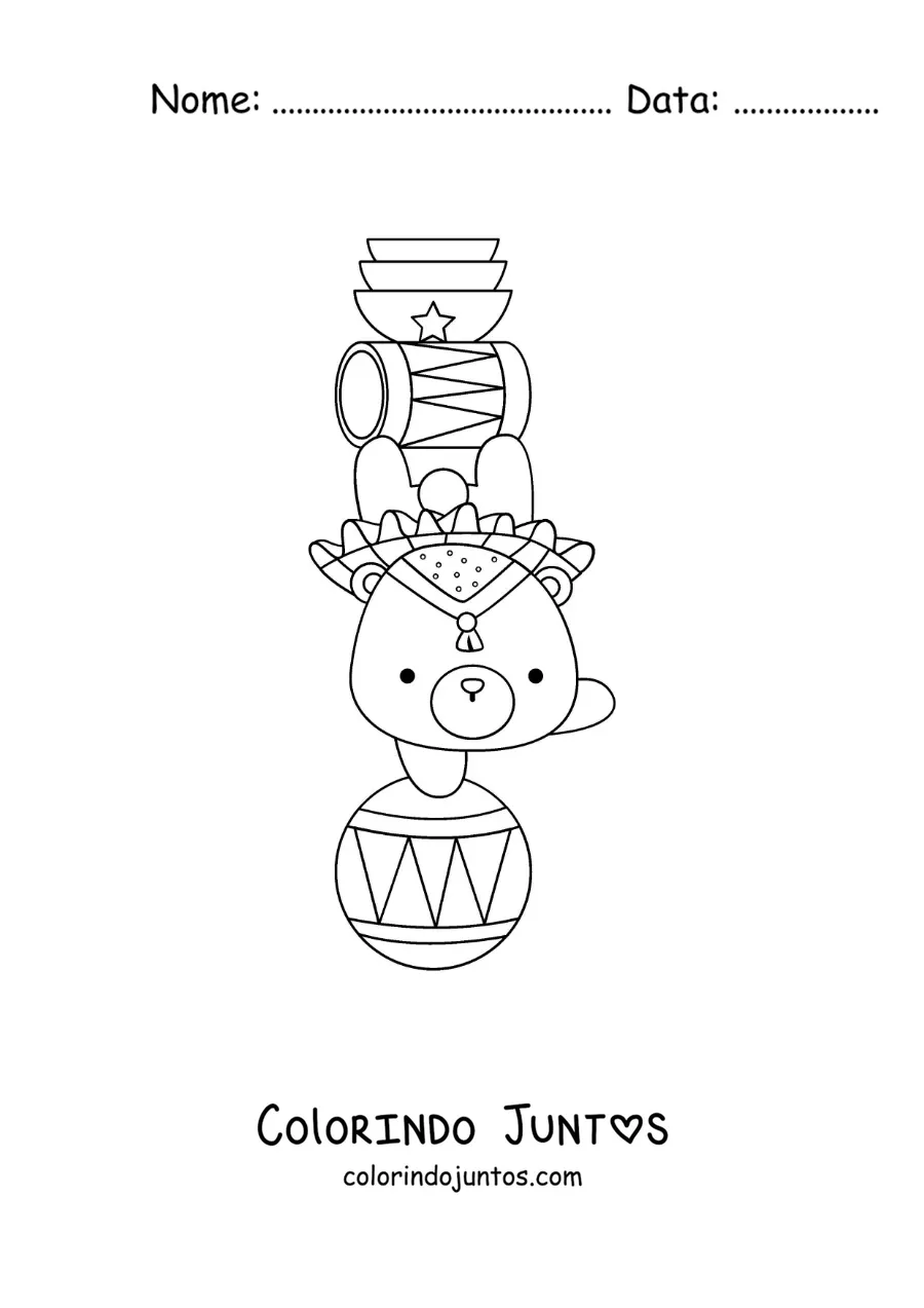 Desenho para colorir de um urso de circo animado fazendo piruetas