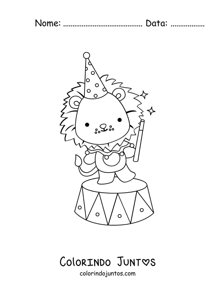 Desenho para colorir de um leao de circo animado fazendo magica