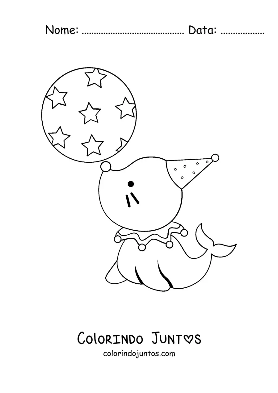 Desenho para colorir de uma foca de circo kawaii equilibrando uma bola