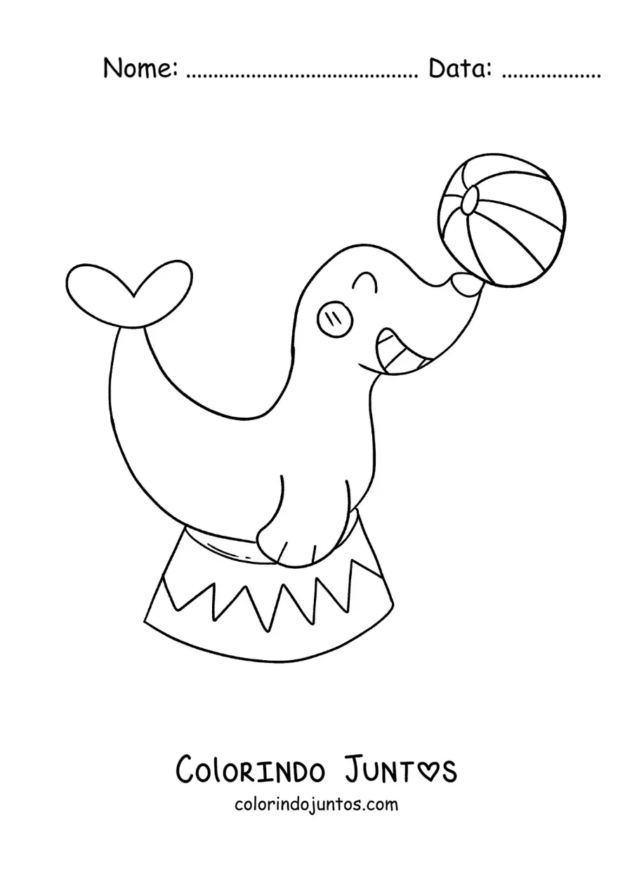 Desenho para colorir de uma foca de circo equilibrando uma bola