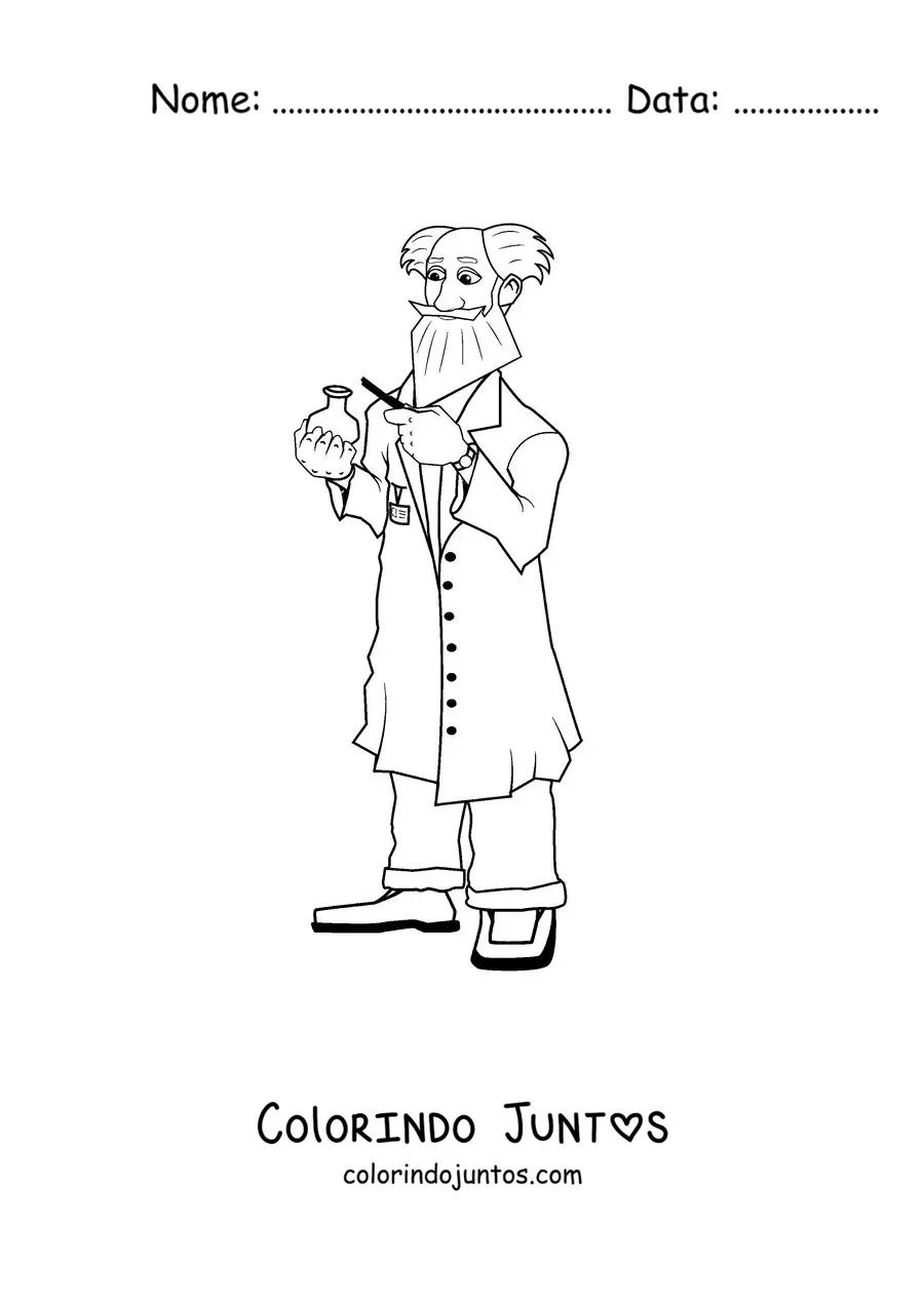 Desenho para colorir de um cientista louco segurando um experimento