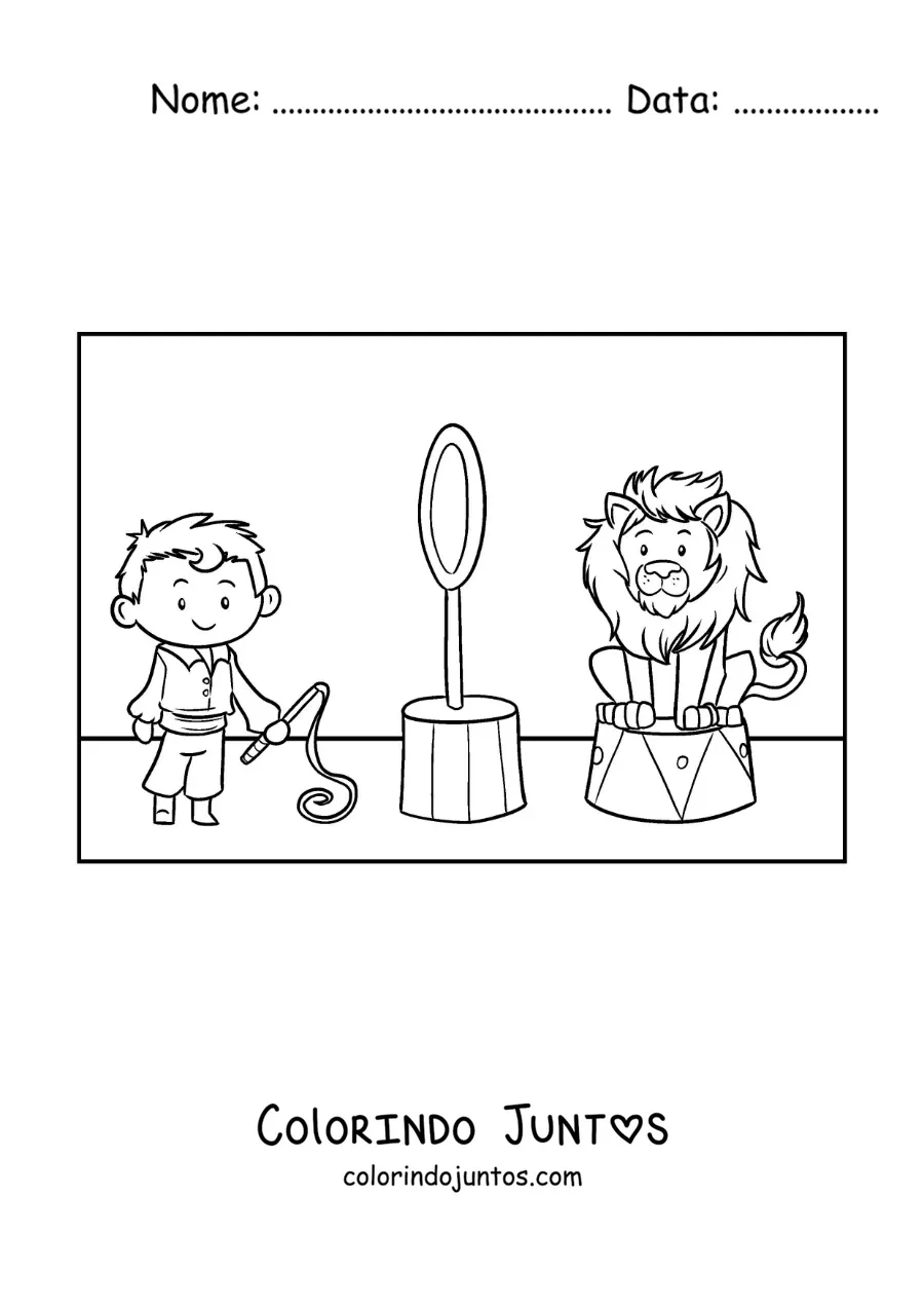 Desenho para colorir de um domador de circo e um leao animado