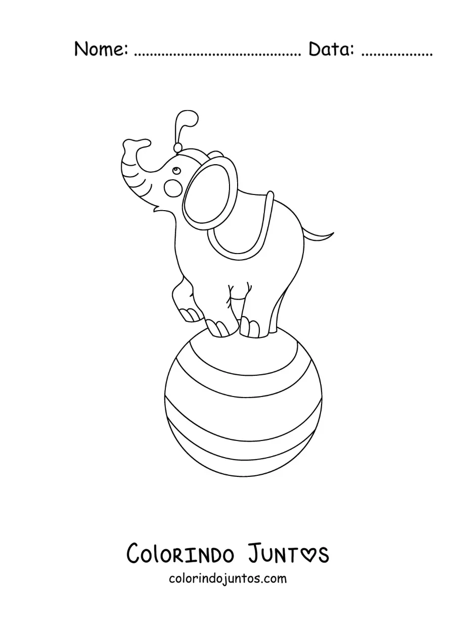 Desenho para colorir de um elefante de circo animado sobre uma bola