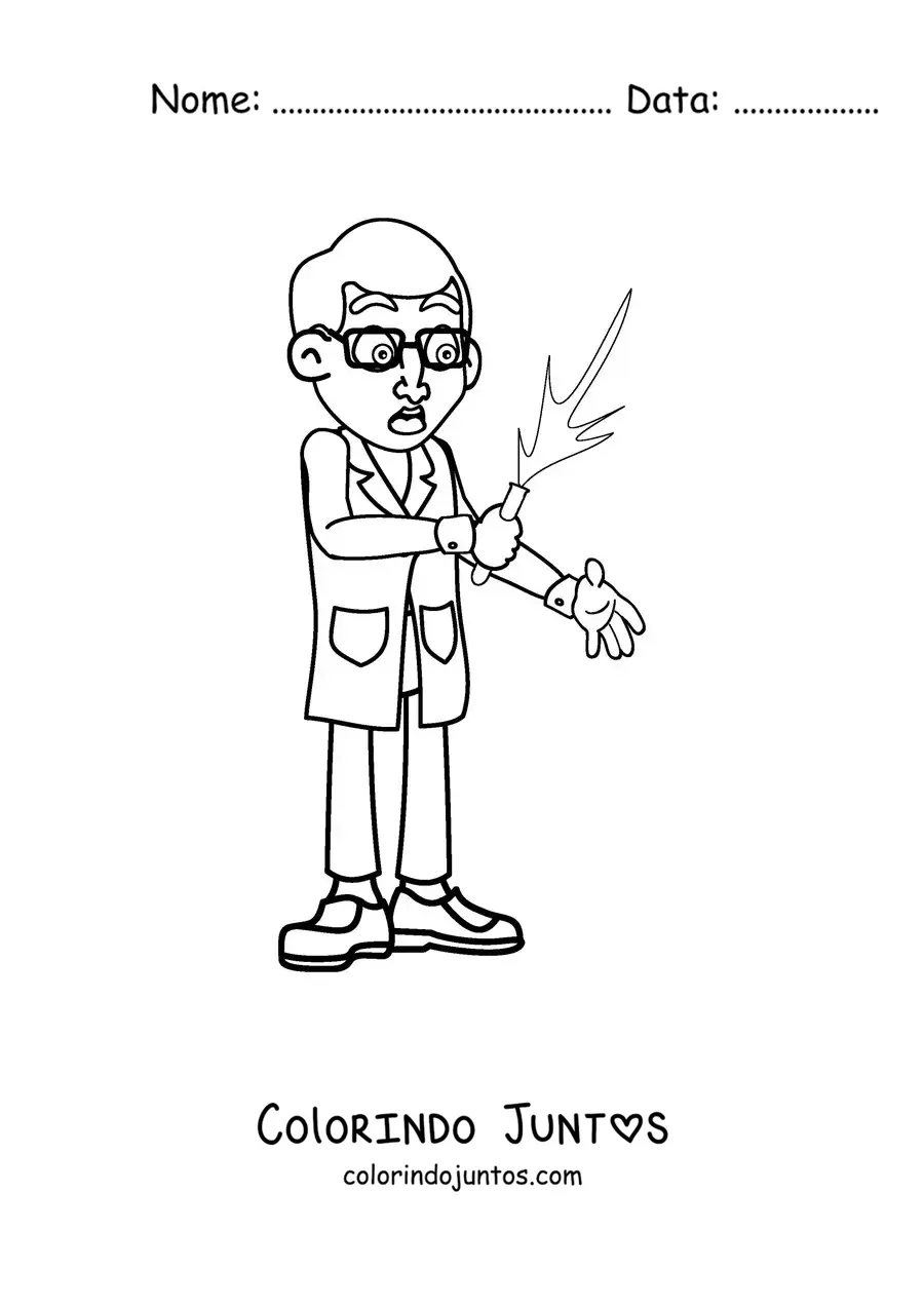 Desenho para colorir de um cientista louco com um experimento que deu errado