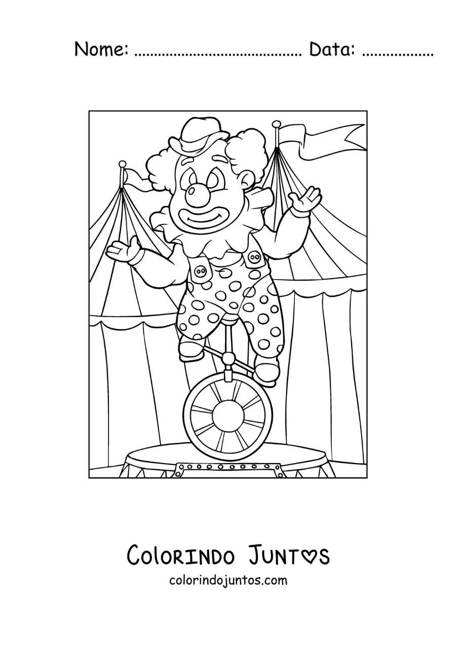 Desenho para colorir de um palhaco em um monociclo no circo