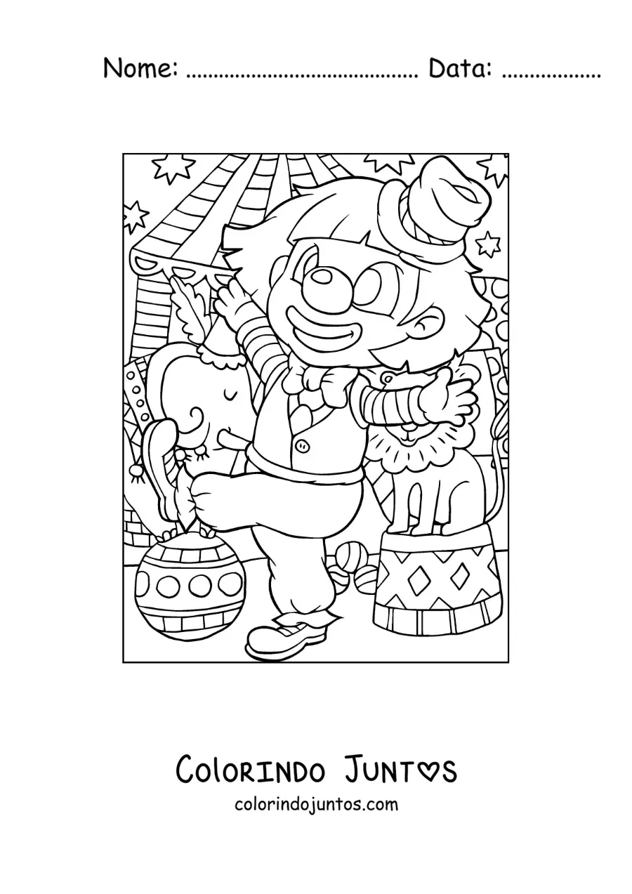 Desenho para colorir de um palhaco ao lado de animais de circo