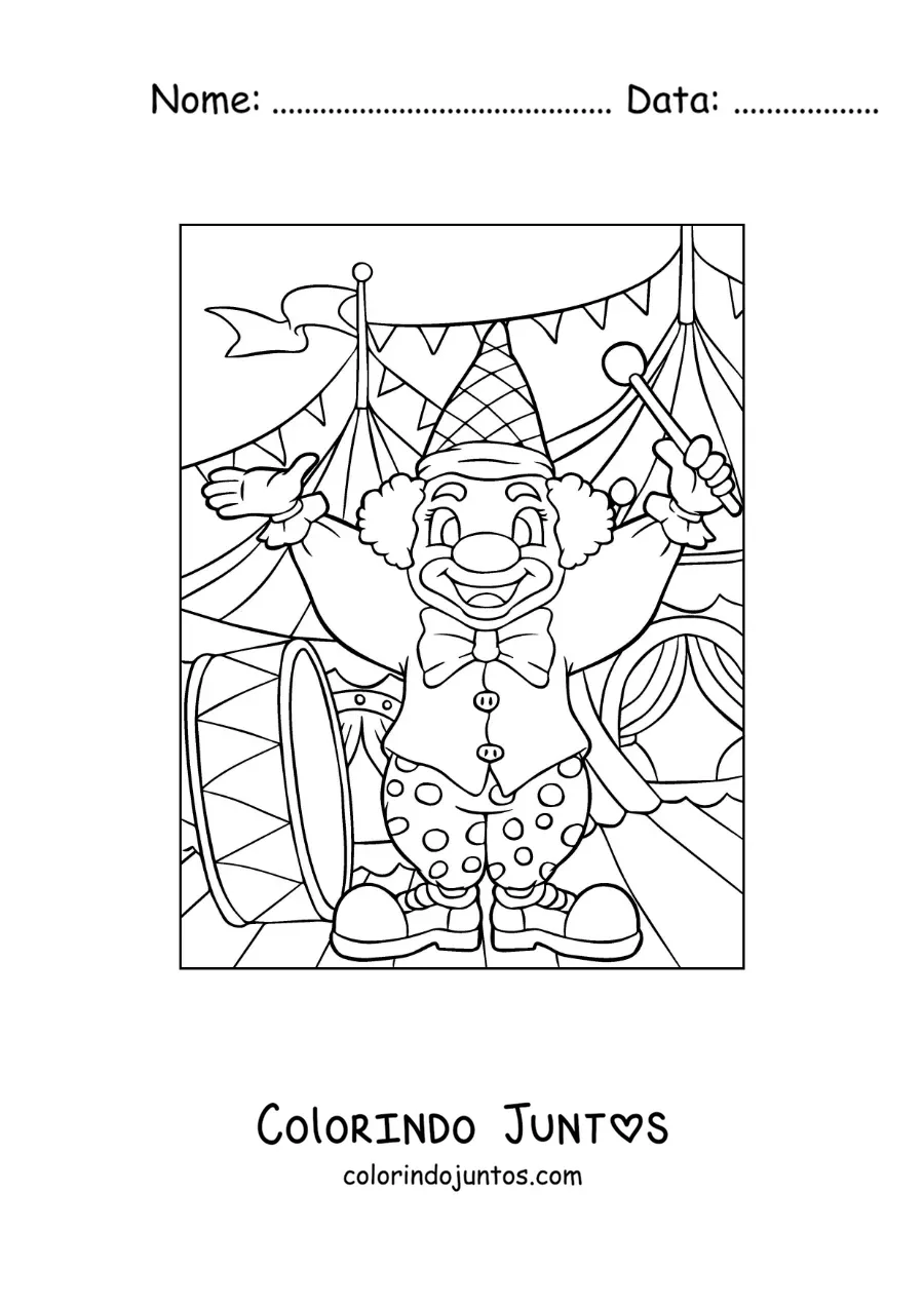 Desenho para colorir de um palhaco tocando o bumbo no circo