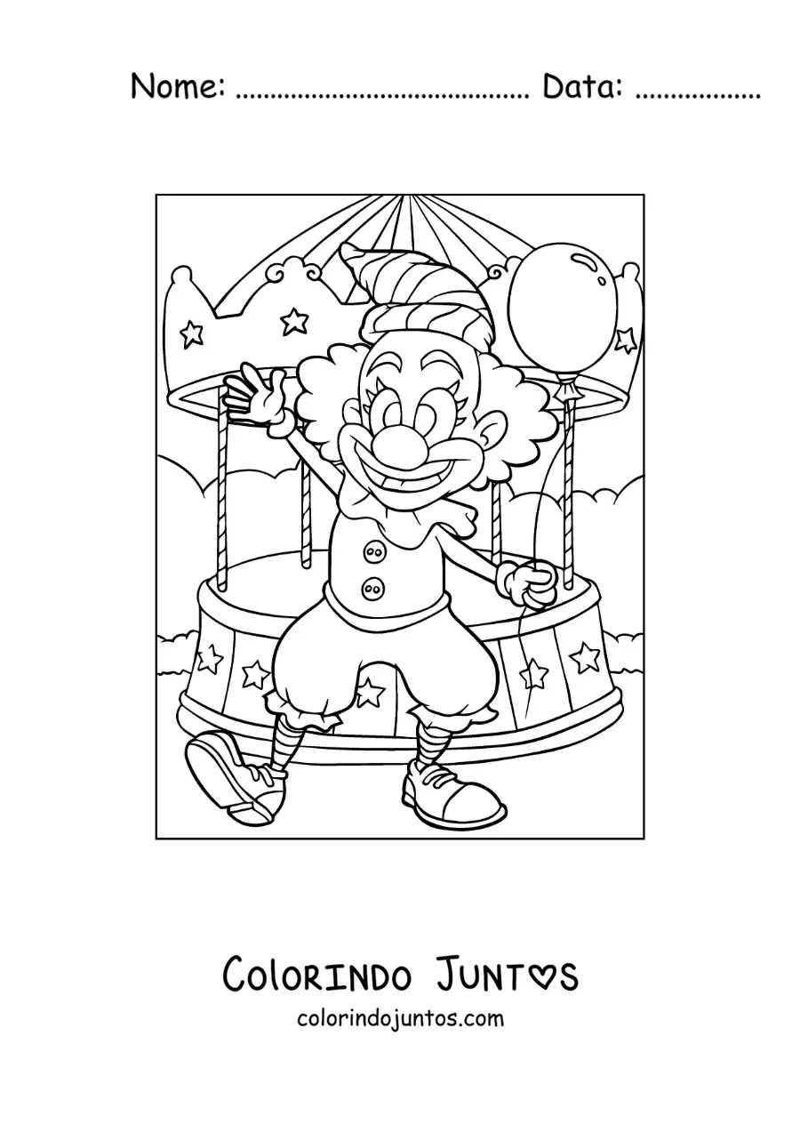 Desenho para colorir de um palhaco com um balao em um carrossel