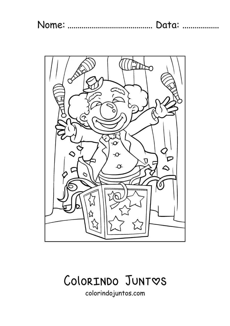 Desenho para colorir de um palhaco fazendo malabarismos no circo
