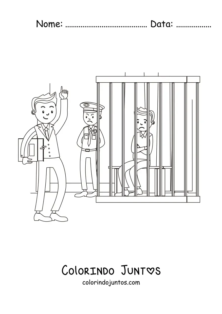 Desenho para colorir de um advogado defendendo um cliente na prisão