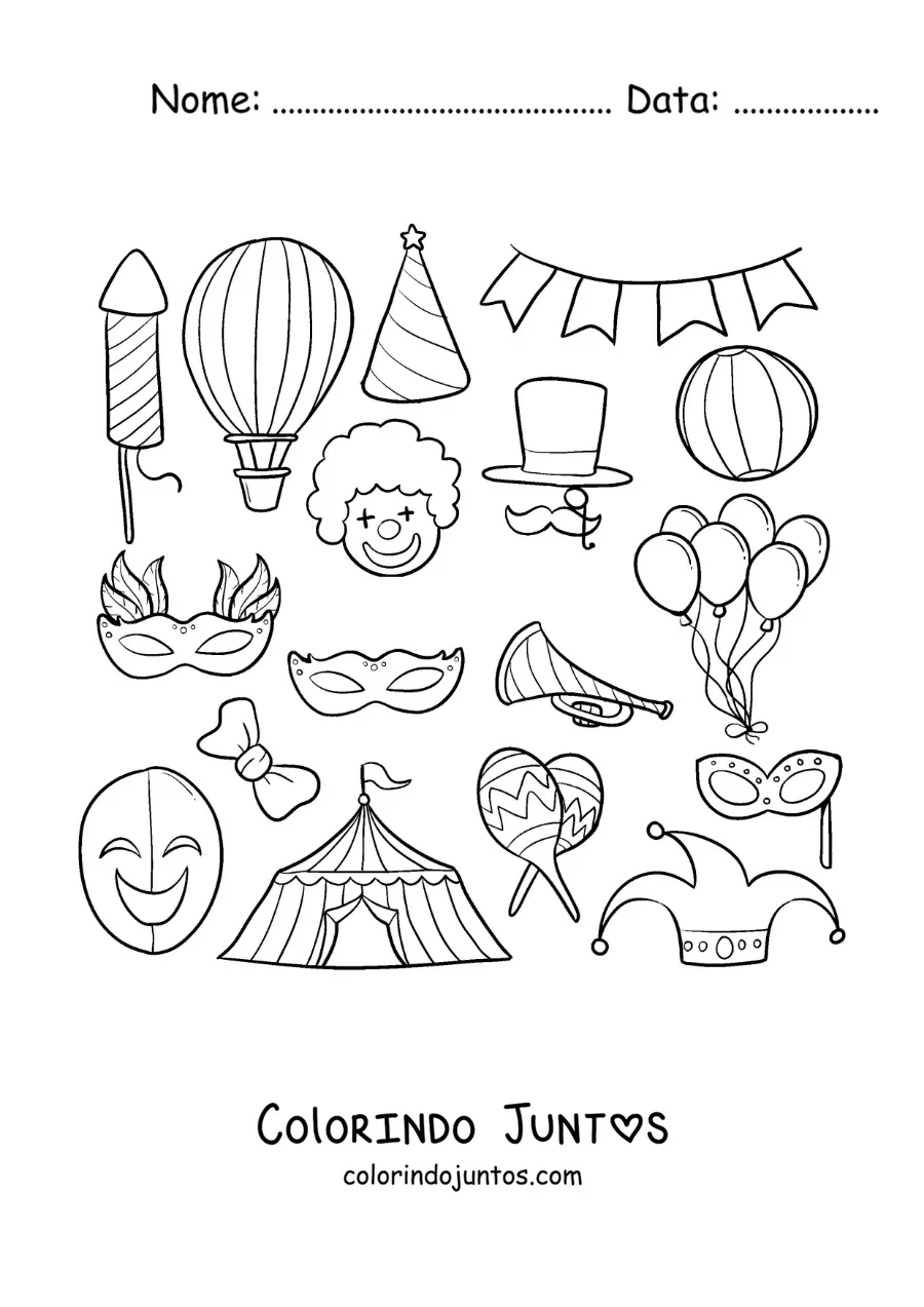 Desenho para colorir de mascaras, chapeus e elementos de circo