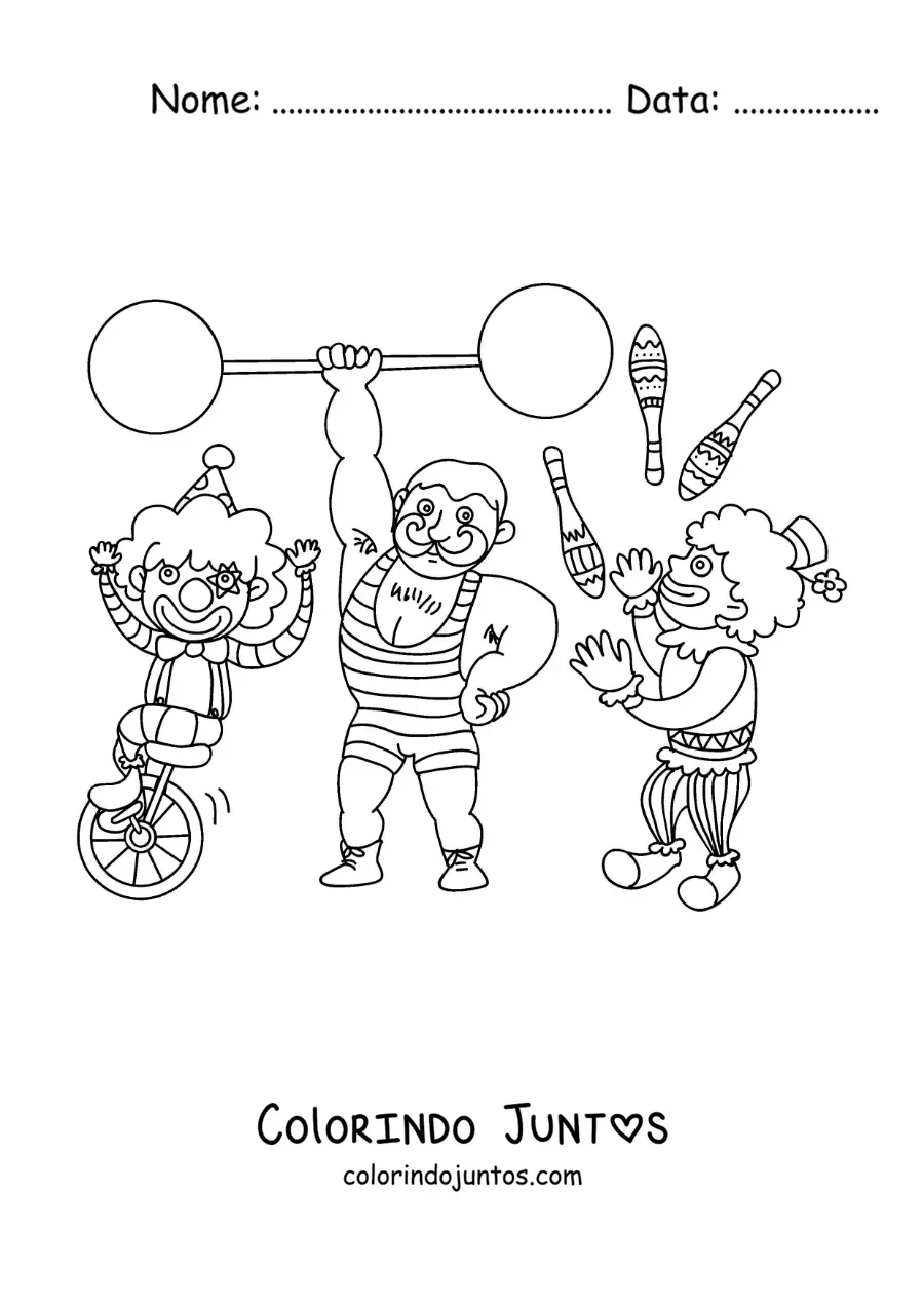 Desenho para colorir de um palhaco, um homem forte e um malabarista de circo