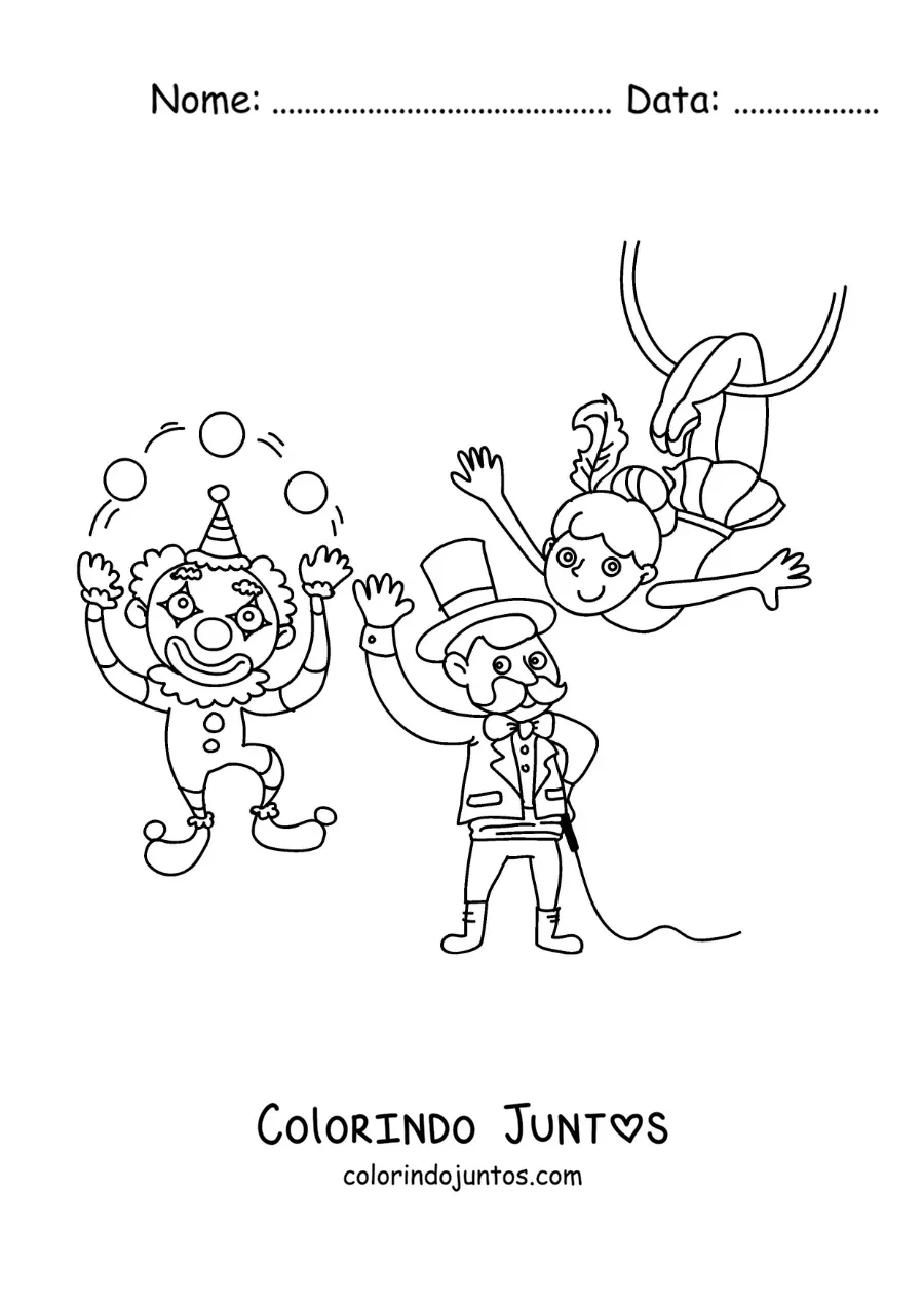 Desenho para colorir de um palhaco malabarista, um magico e uma acrobata de circo