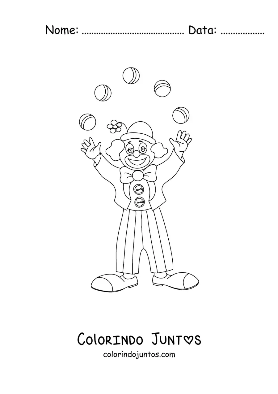 Desenho para colorir de um palhaco de carnaval fazendo malabarismos