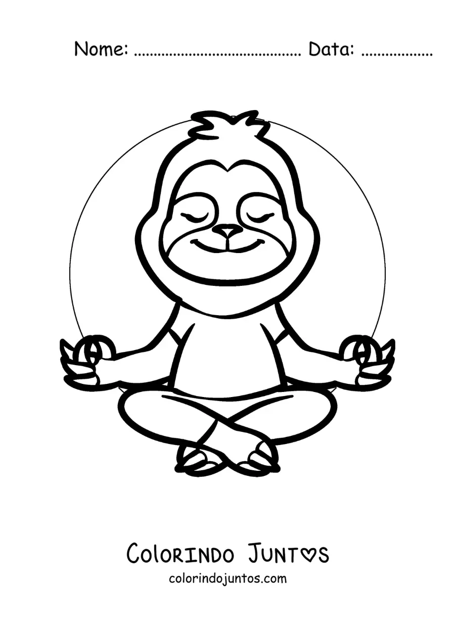 Desenho para colorir de uma preguica animada meditando