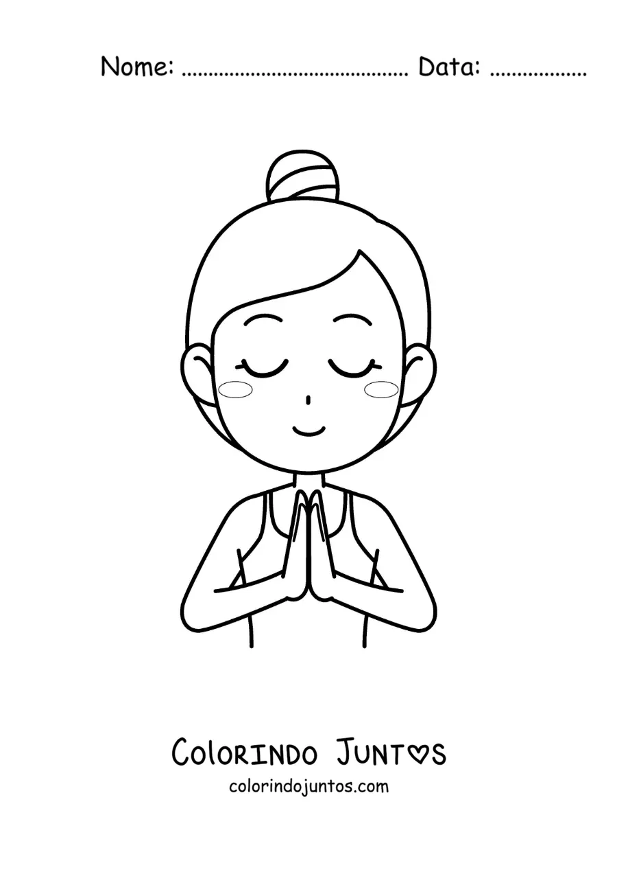 Desenho para colorir de uma mulher meditando com as maos unidas