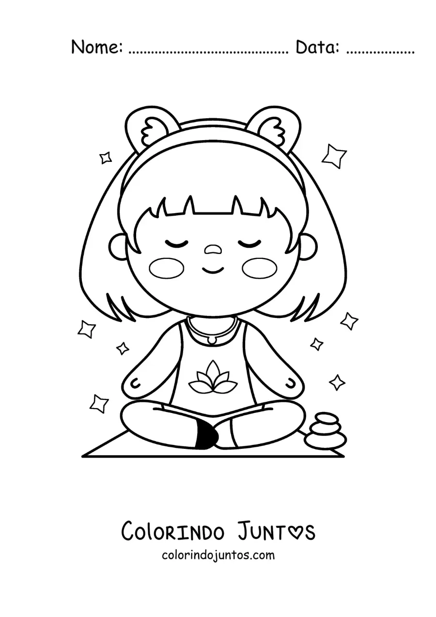 Desenho para colorir de uma menina kawaii animada meditando