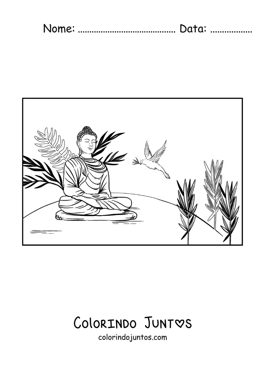 Desenho para colorir de Buda sentado meditando ao lado de uma pomba