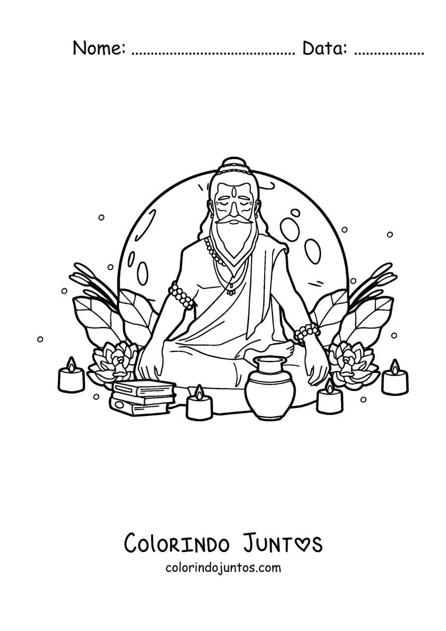 Desenho para colorir de um guru hindu sentado meditando com velas