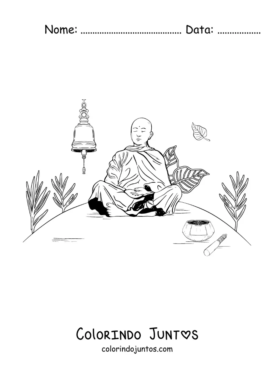 Desenho para colorir de um monge budista sentado meditando ao lado de um sino