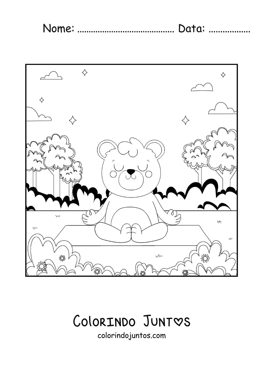 Desenho para colorir de um urso animado meditando no parque