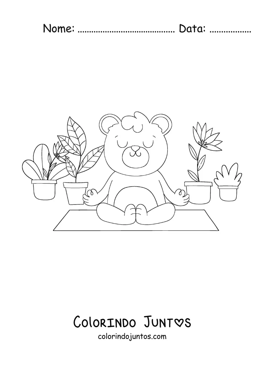 Desenho para colorir de um urso animado meditando rodeado de plantas