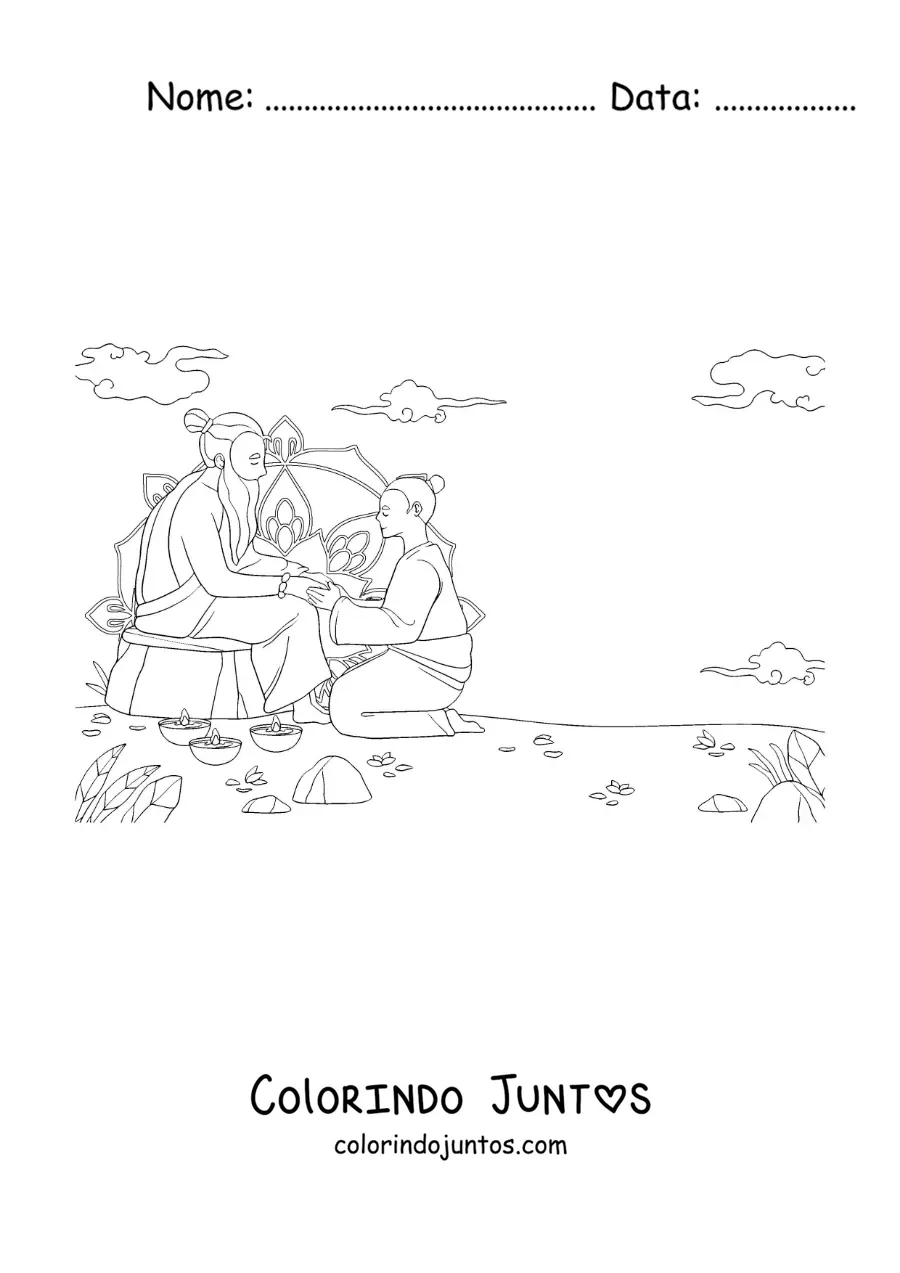 Desenho para colorir de um monge e seu guru