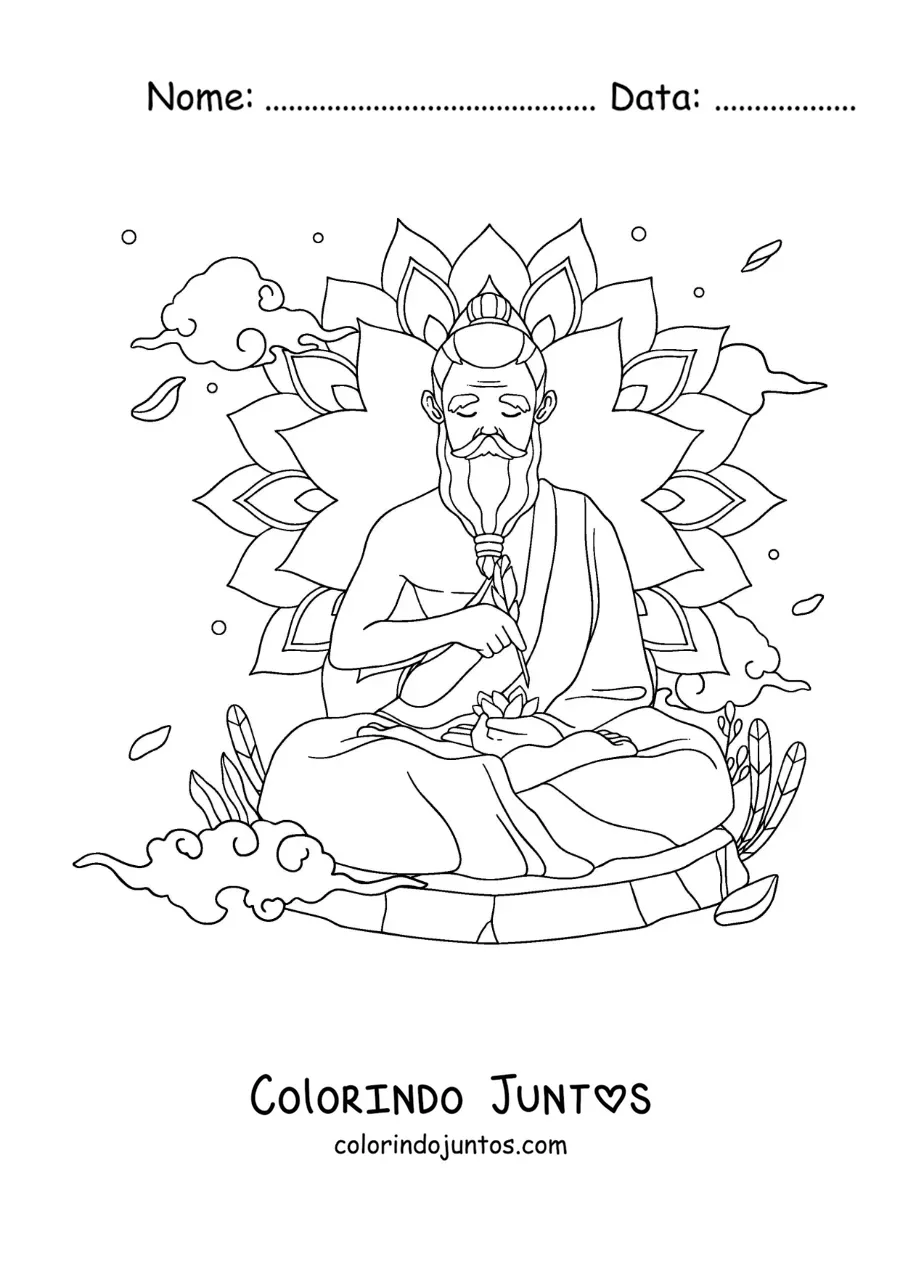 Desenho para colorir de um guru meditando com uma mandala ao fundo