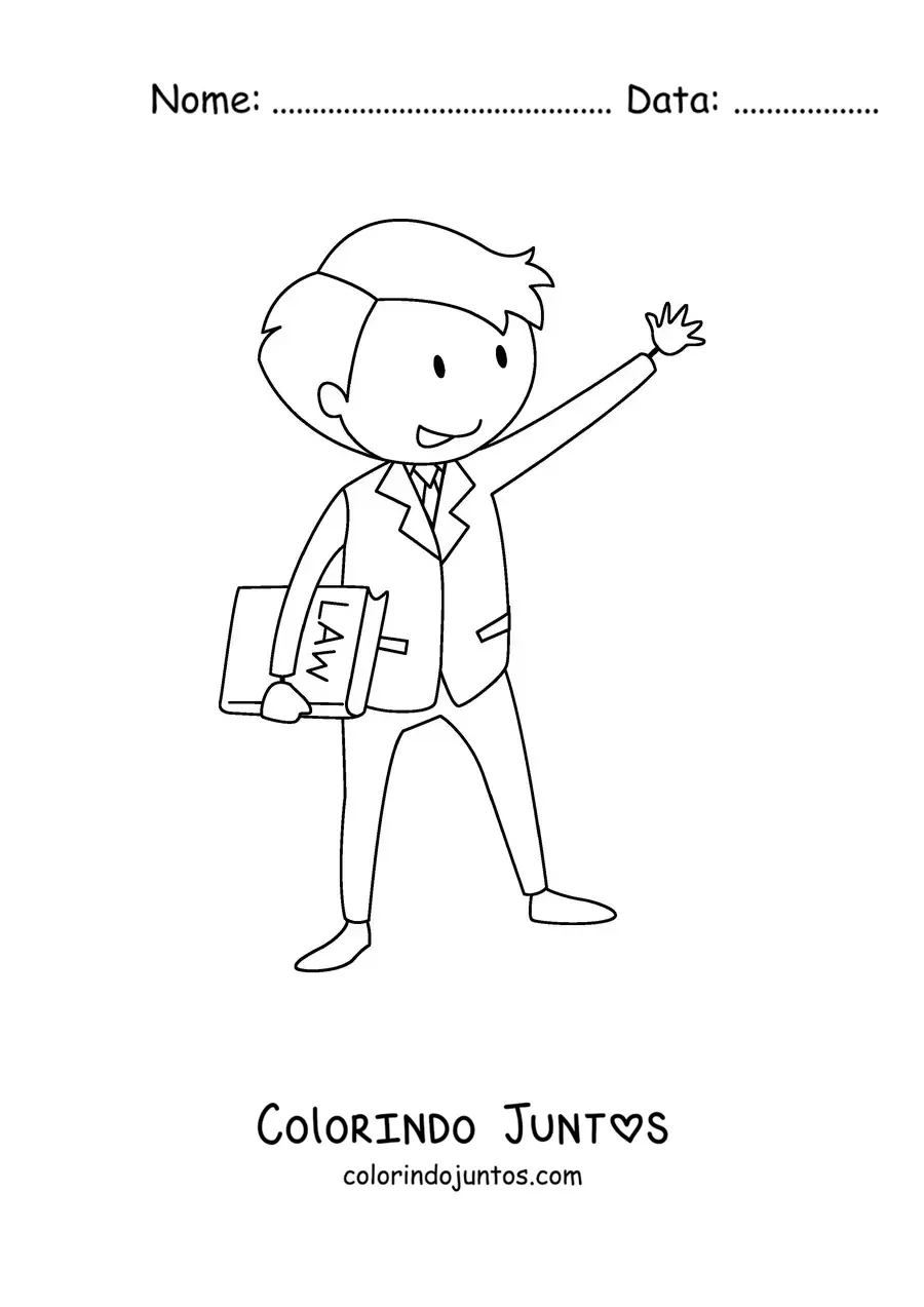 Desenho para colorir de um advogado animado segurando as leis