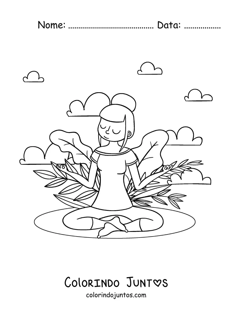 Desenho para colorir de uma menina meditando no parque